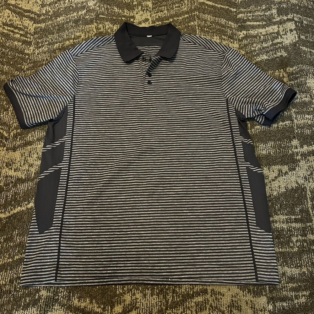 Lululemon Polo Shirt Mens Size XL Gray Striped Short Sleeve Casual